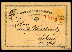 Rakousko 1874, 1. korespondenční lístek na světě, červené razítko, jsou známy pouze 3 kusy!