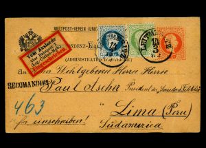 Rakousko 1882, korespondenční lístek jako 3-barevná frankatura do Limy, velmi vzácné