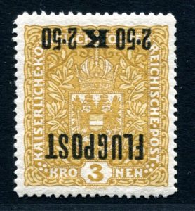 Austria 1918, airpost 2,50K/3K stamp with an inverted overprint, important rarity of the first airpost stamps of the world