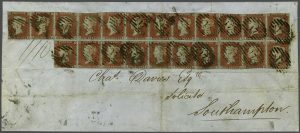 Great Britain 1841, cover with 22 One Penny Red stamps - largest franking with these stamps