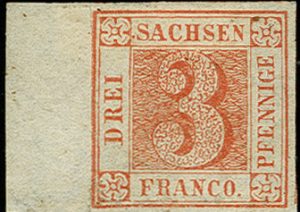 Saxony 1850, "Saxon Three", unused with a margin of the sheet, iconic stamp of European classics