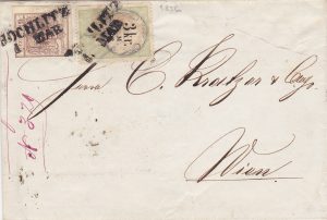 Rakousko 1856, Smíšená frankatura výplatní známky 6Kr kolku 3Kr (namísto výplatní 3Kr) , z českého území UNIKÁT!