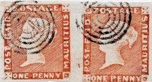 Mauritius 1848-1859, strip of 2 One Penny Red "intermediate imp.", ex. Ferrary