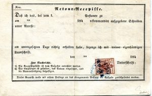 Rakousko 1850, zpáteční recepis 6Kr z 6. dne platnosti rakouských známek, s modrým razítkem Tirnau, jeden z prvních dochovaných frankovaných recepisů celého Rakouska; vzácný tarif z června 1850 (porto dopisu, nikoli reko- poplatek); jedna z nejvýznamnějších celistvostí (postal - items) celé slovenské poštovní historie