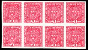 Rakousko 1916-1918, nezoubkovaný 8-blok 3K světle červená, široká; velmi vzácná známka a její největší známý celek, ex. Wiener - Postarchiv