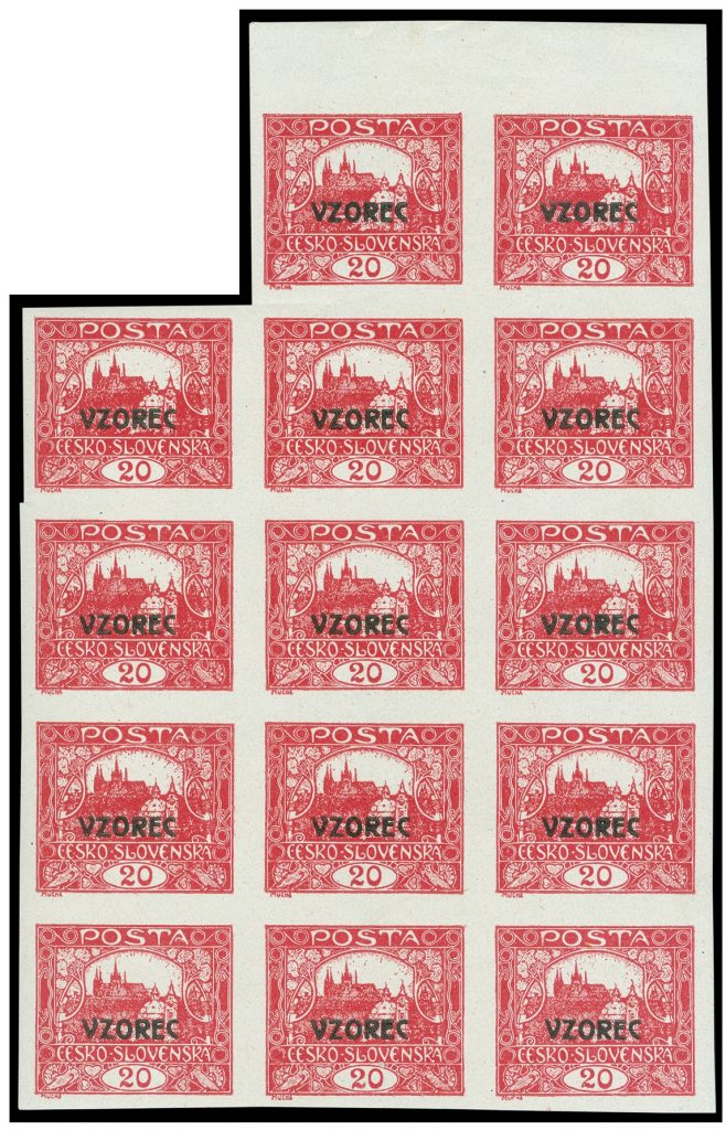 Hradčany 20h with a VZOREC overprint, block of 14 with mixed types of spirals. Largest known block of joined types, unique!