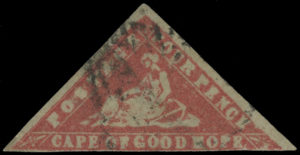 Mys Dobré naděje, 1861, WOODBLOCK chybotisk 4 Pence karmínová, tzv. "Lady Hope - Error of Colour", jedna z nejvýznamnějších koloniálních rarit, ex. A.D. Stevenson