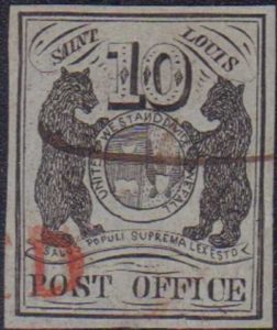 USA 1847, St. Louis "blue bear", tzv. "poštmistrovské provizorium; ikonické vydání americké klasiky