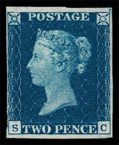 GB 1840, Two Pence Blue, poštovně nepoužitá 2. známka světa, velmi vzácná