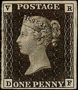 GB 1840, Penny Black VR ("Victoria Regina"), 1. služební známka vůbec, "tzv. nevydaná"; vzácnost britské klasiky