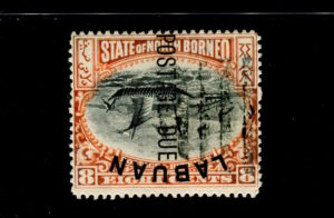 Labuan 1901, so-called "Inverted Ship", overprint on an North Borneo 8C stamp with an inverted centre, only a few pieces exist, a significant rarity from the British colonies