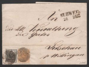 Rakousko 1850, dopis s "patriotickou" frankaturou 1 + 2 kr a němým razítkem Budweis, známy pouze 2 takové dopisy !