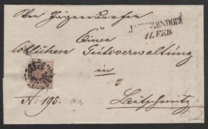 Rakousko 1850, dopis s němým razítkem Jägerndorf (Krnov), jedno z nejvzácnějších razítek celého Rakouska