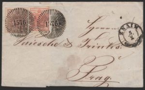 Austria 1850, letter with a 2 colour franking and a mute Znaim postmark, extremely rare
