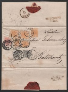 Rakousko 1850, dopis vyplacený atypickou násobnou tříbarevnou frankaturou