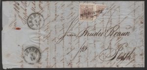 Rakousko 1850, dopis do Pešti vyplacený 1x celou a 1x půlenou 6ti krejcarovou známkou (celkem 9 kr.), je známo jen několik takových půlených frankatur a patří k nejvzácnějším z celého Rakouska