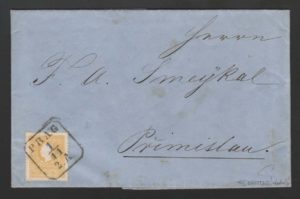 Rakousko 1858, první den vydání II. emise, vyplacený známkou 2 kr. typ 1, s raz. 1.11. 1858, významná rarita
