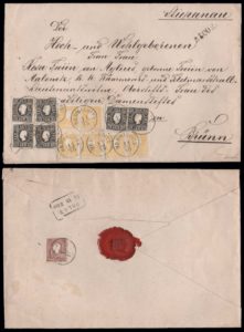 Rakousko 1858, doporučený dopis vyplacený násobnou tříbarevnou frankaturou; UNIKÁT a jeden z nejvýznamnějších dopisů II. emise vůbec!