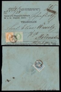 Rakousko 1867, doporučená obálka pro TELEGRAM vyplacená tříbarevnou frankaturou; UNIKÁT