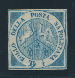 Neapel , 1860 tzv. Trinacria, poštovně nepoužitá (anglicky "mint"), jedna z nejvzácnějších známek evropské klasiky, je známo jen několik kusů (kat. 600000 EUR!)