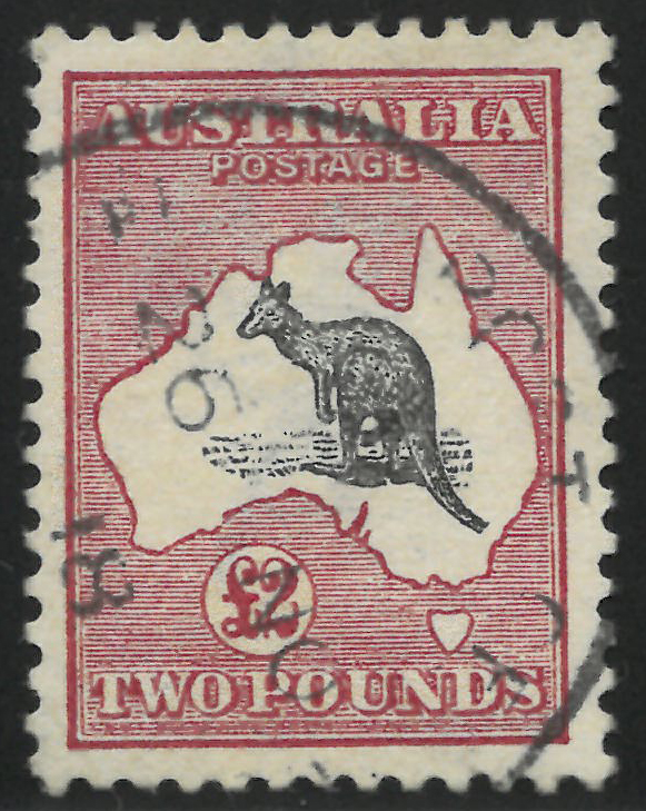Austrálie 1913, £2 Klokan (vodoznak široká korunka, horizontální uspořádání papíru) ve vzácném odstínu šedé a tmavě růžové, SG 15(var), ikonická známka Austrálie