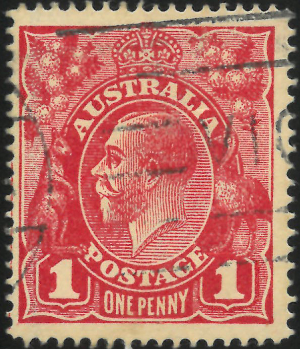 Austrálie 1914, 1d král Jiří V. (obrácený vodoznak s velkou korunkou, řádkové zoubkování) karmínově červená, SG 21bw. Velmi vzácná známka, známo minimálně 8 exemplářů