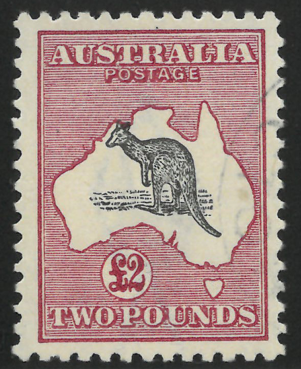 Australia 1919, £2 Kangaroo (narrow crown over A watermark, vertical mesh paper) in black & rose vivid shade variety, SG 45
