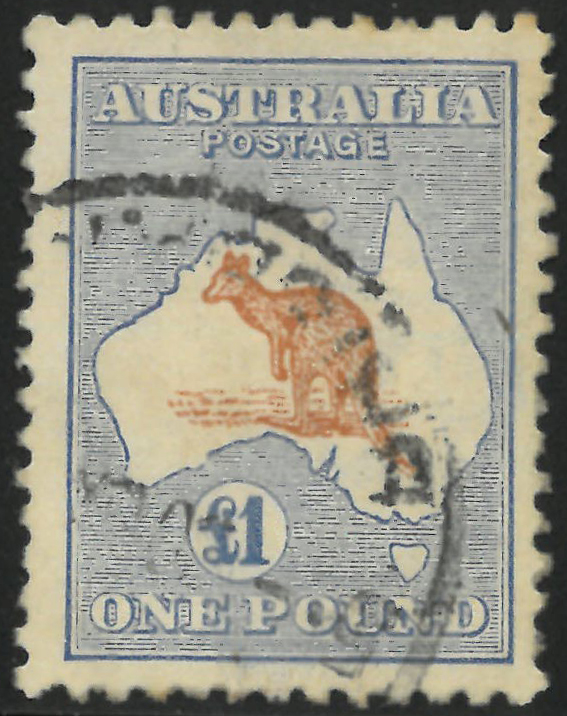 Austrálie 1917, £1 Klokan (obrácený vodoznak úzká korunka, vertikální uspořádání papíru) v odstínu hnědé a modré, SG 44aw