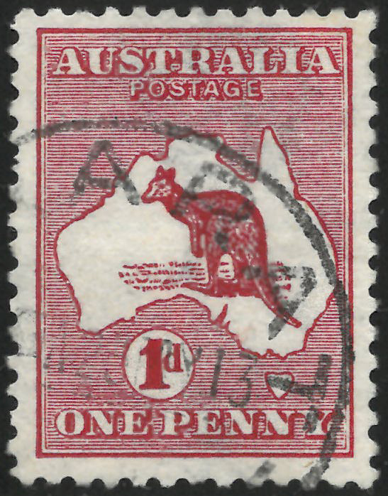 Austrálie 1913, 1d Klokan (vodoznak široká korunka, horizontální uspořádání papíru) ve vzácném odstínu třešňově červené (anilínová), SG 2d(var)