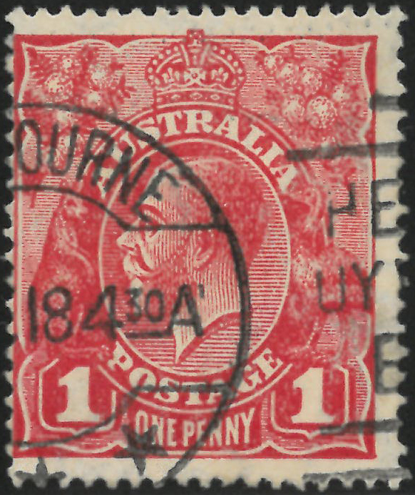 Austrálie 1918, 1d král Jiří V. (vodoznak s více velkými korunkami) v odstínu tmavě červené z vydání J. B. Cooka, velmi vzácný odstín, SG 49b