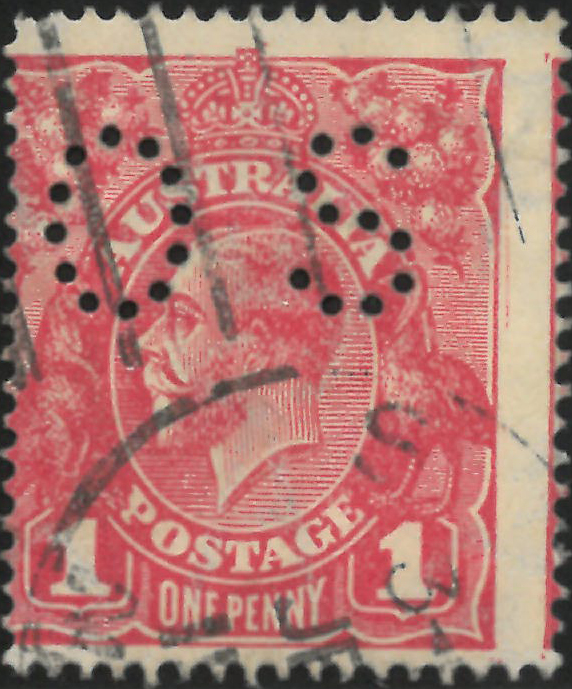 Austrálie 1918, 1d král Jiří V. (vodoznak s více velkými korunkami) v odstínu karmínově růžové z vydání J. B. Cooka, perfín OS, SG O62. Velmi vzácná známka, u níž v kombinaci odstínu karmínově růžové a perfínu OS existují pouze 3 exempláře, ex. Martin Frischauf
