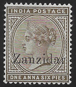 ZANZIBAR, 1895-96, 1a6p sépiová, nepoužitá s původním lepem, chyba přetisku „Zanzidar“ z pozice R4/6, Hallovo nastavení „D“. Velká vzácnost, jeden z pouhých pěti známých nepoužitých exemplářů (včetně jednoho v britské Královské sbírce). Katalog Stanley Gibbons 5j.