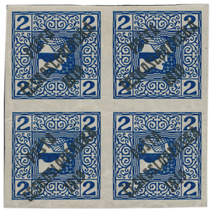 ČSR 1919, 2h Merkur modrý ve 4-bloku, s přetiskem PČ 1919, tzv. nevydaná, známy 3 kusy