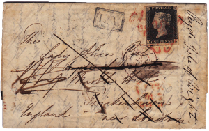 Historicky první dopis z českého území s poštovní známkou, 1840, z K. Varů do Británie a zde přifrankován