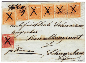 Rakousko 1850, velmi vzácná frankatura a ruční znehodnocení