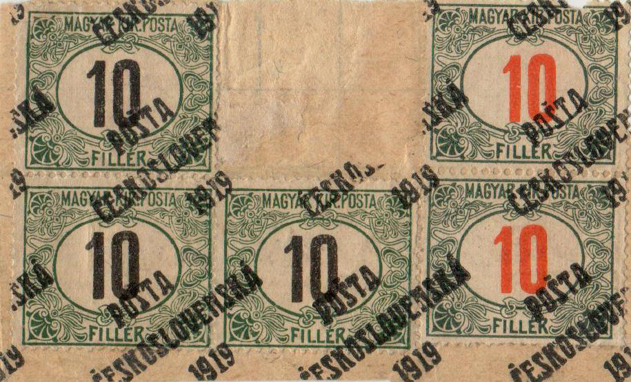 ČSR 1919, 10f black and red numerals with a PČ 1919 overprint, glued into an incomplete sheet, unique!