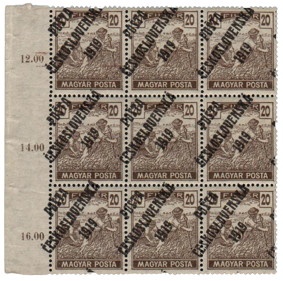 ČSR 1919, MAGYAR POSTA 20f block of 9 with a PČ 1919 overprint, rarest multiple block of Czechoslovakian stamps, unique!