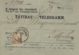 Uhersko 1872, obálka tlg. 15kr kamenotisk, Pozsony, ze slovenského území unikát!