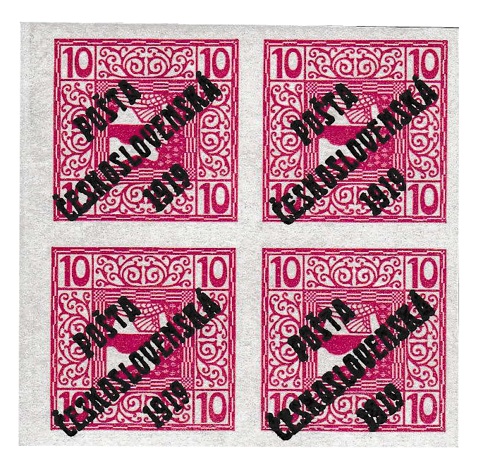 ČSR 1919, a marginal block of 4 Austrian "Merkur" 10h with a PČ 1919 overprint, only 3 such blocks are known to exist