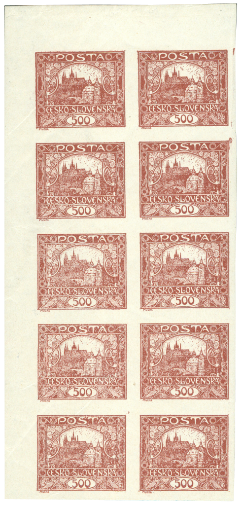 ČSR 1918, Hradčany 500h, block of 10 with mixed types of spirasl and mixed types of bars, unique!