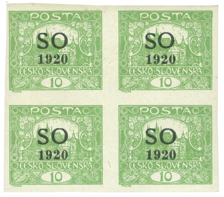 ČSR 1920, Hradčany SO overprint, block of 4 10h stamps mixed types of frames, unique!
