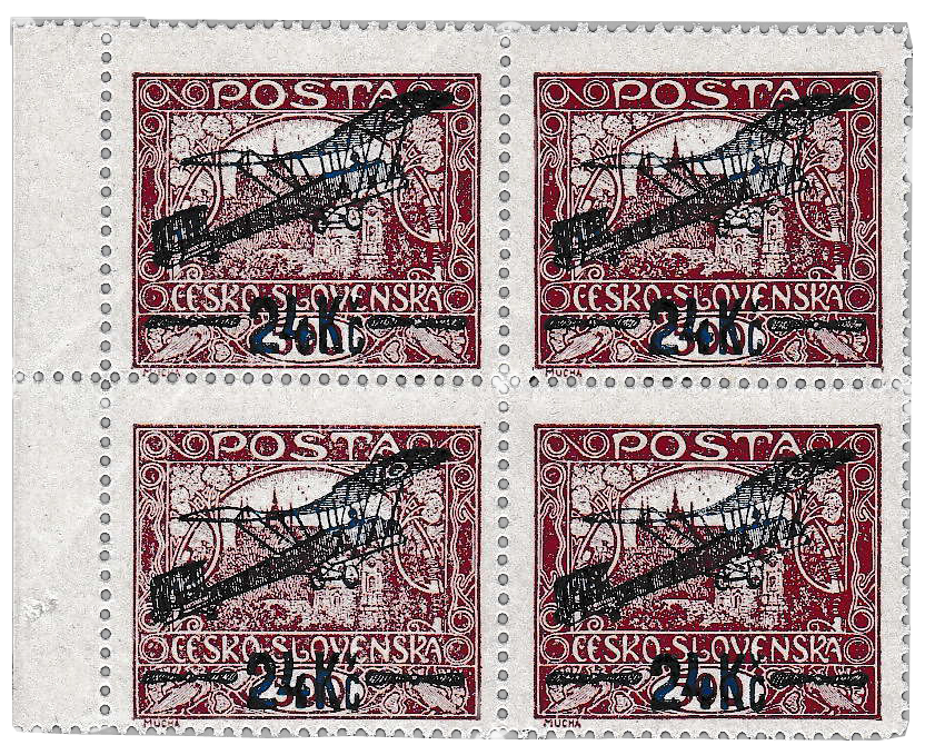 ČSR 1920, airmail 24Kč/500h block of 4 with ST spiral, only 3 known blocks