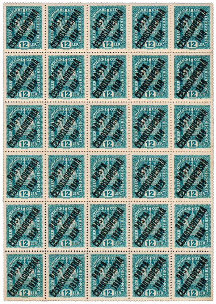 ČSR 1919, cut-out from a sheet of 100 Austrian 12h, PČ 1919 overprint, subtypes of a circular "9" overprint, stamp pos. 50 subytpe IIa, stamp pos. 60 subtype Ia, stamp pos. 90 and 100 subtypes IIa, unique!