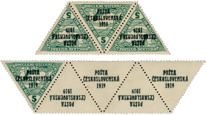 ČSR 1919, 3-páska rakouských spěšných trojúhelníků s přetiskem PČ 1919 a známka se 4 přetištěnými kupóny, obojí známo ve 3 exemplářích