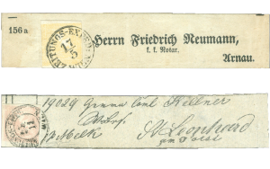 Austria 1851, Yellow Mercury on a newsletter strip; Austria 1851, Pink Mercury on a newsletter strip