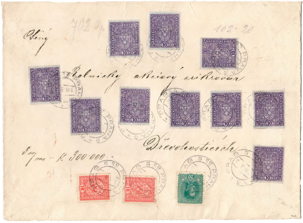 ČSR 1918, insured letter for 300.000K with 10 Austrian 10K, pale violet, wide format, unique!